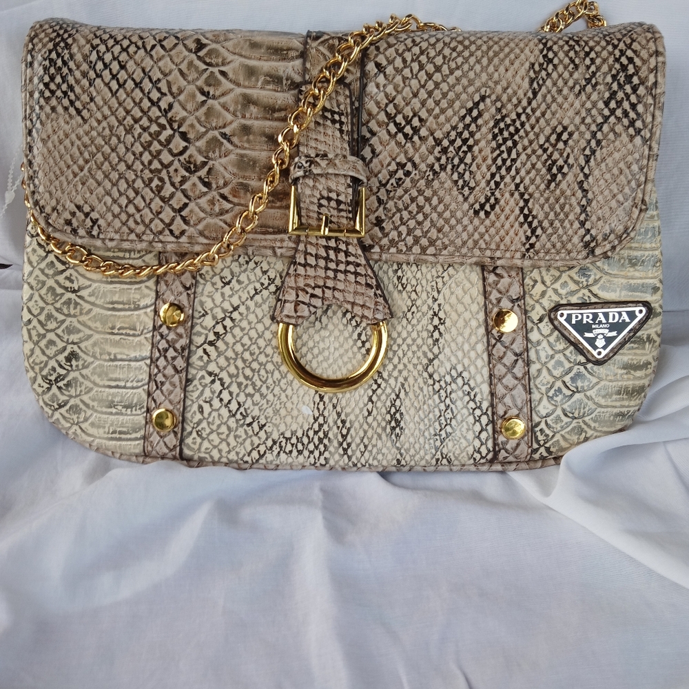 Prada Python Pattern Shoulder Bag - Tan And Cream - image 1
